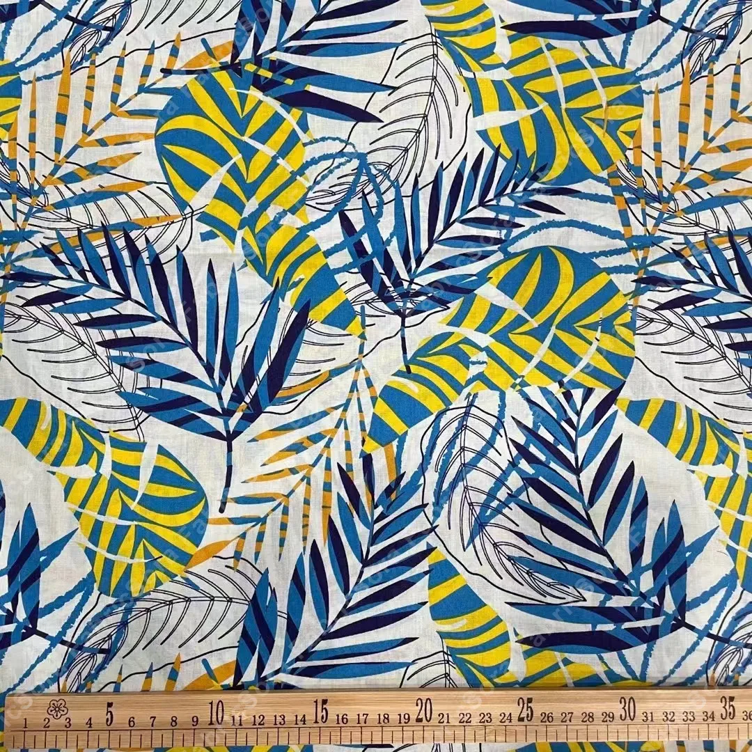 Yellow blue palm cotton poplin for shirts and wide-leg pants