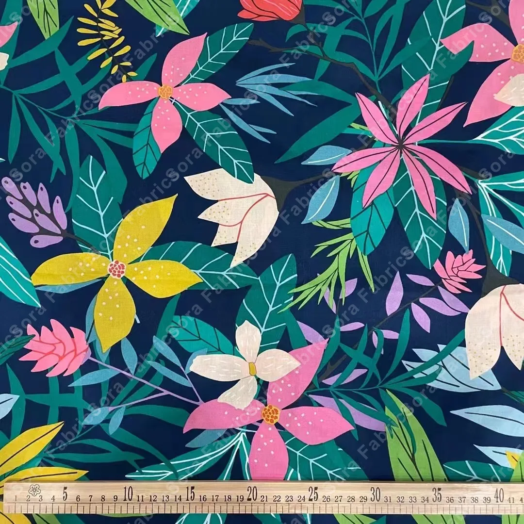 Navy ground tropical cotton poplin fabric