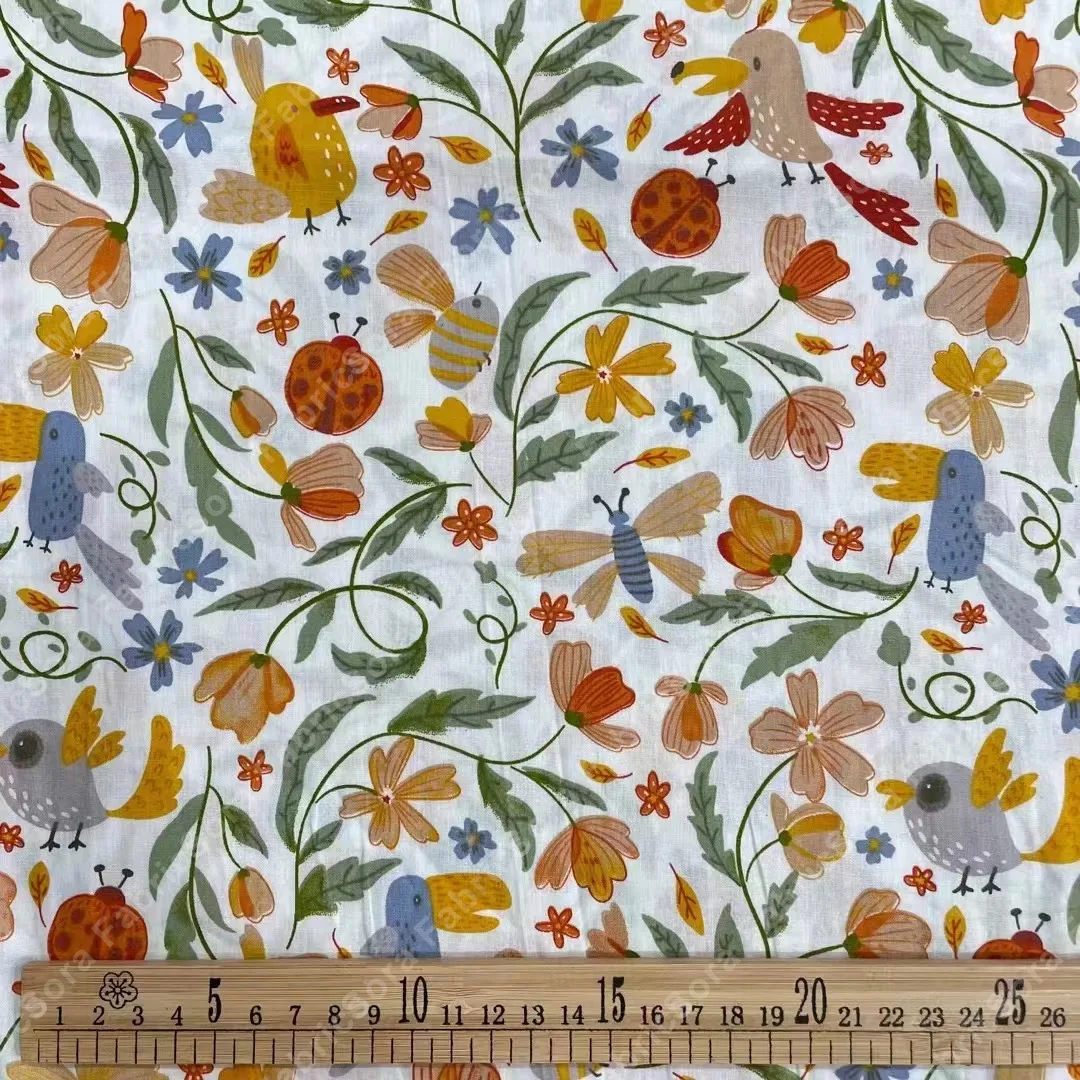 Whimsical meadow cotton poplin fabric with birds and ladybugs