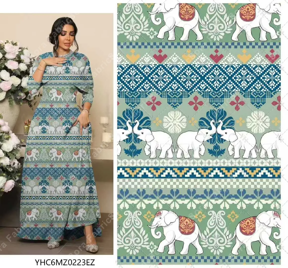 Zengin mücevher tonlarında Arap kaftan baskılı rayon kumaş