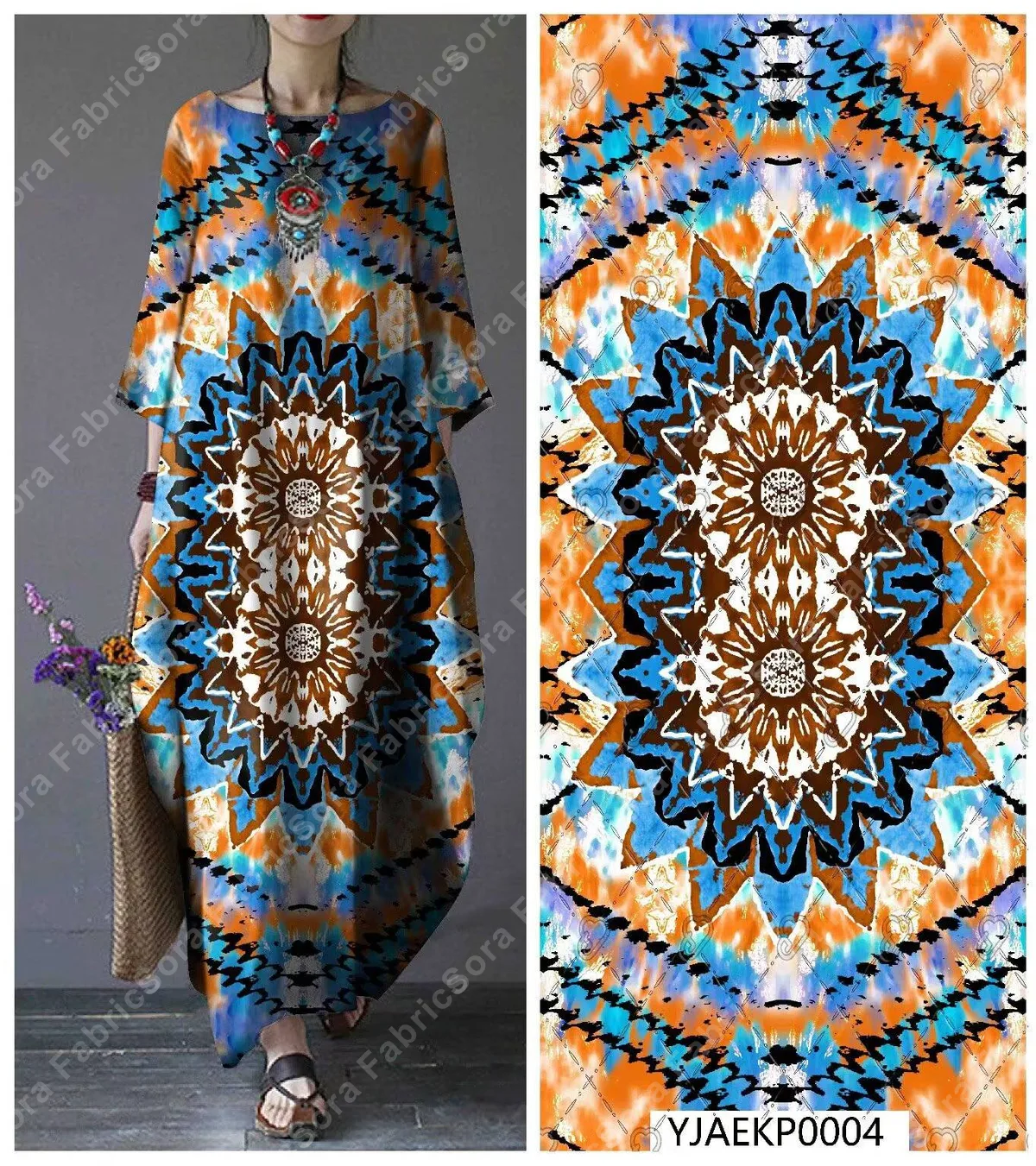 Etnik kaftan baskı dokuma kumaş düşüş detayı