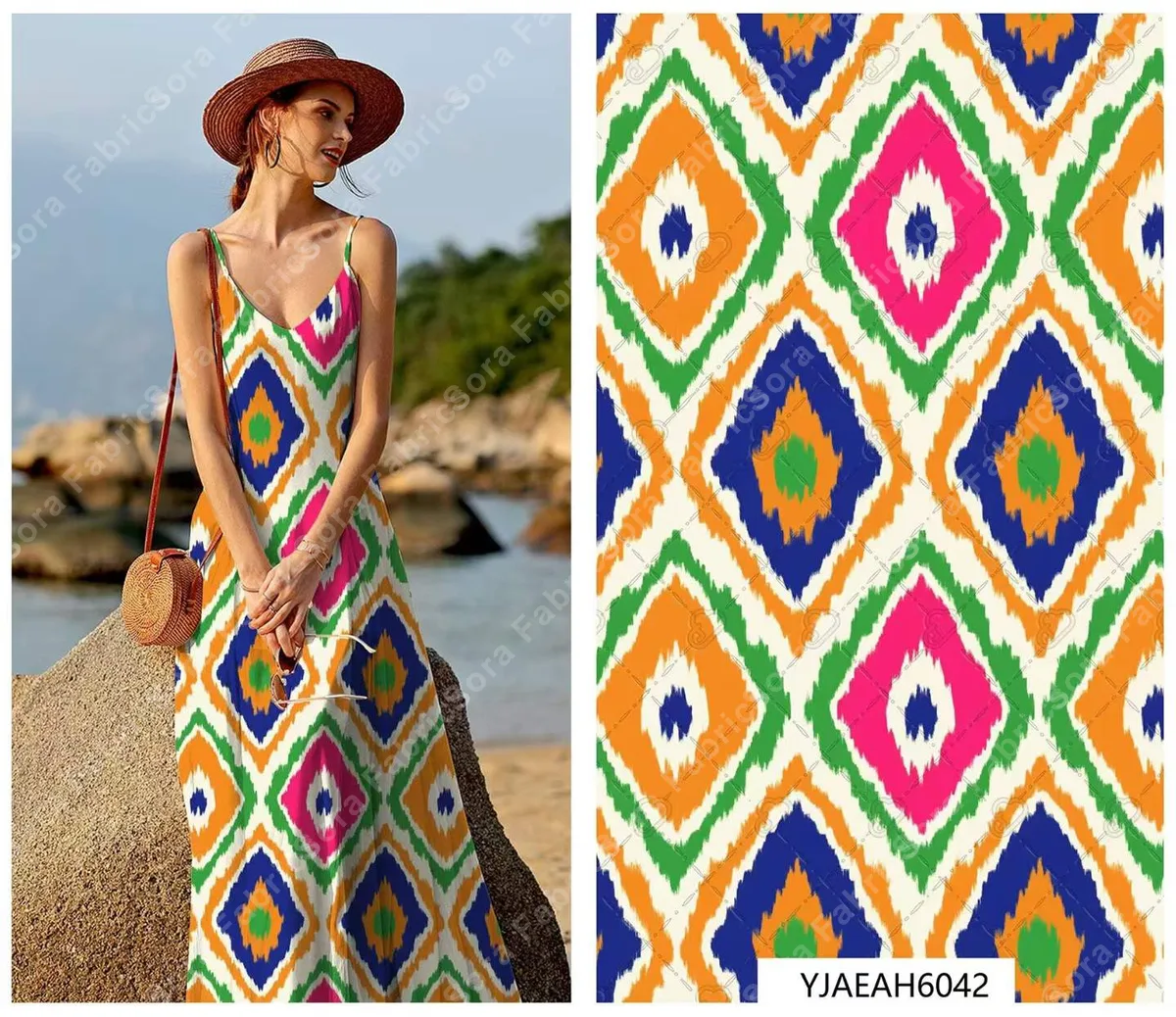 Ikat pattern rayon fabric with traditional woven-look design