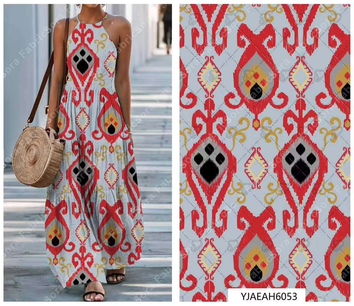 Detalle de tela rayon con estampado ikat