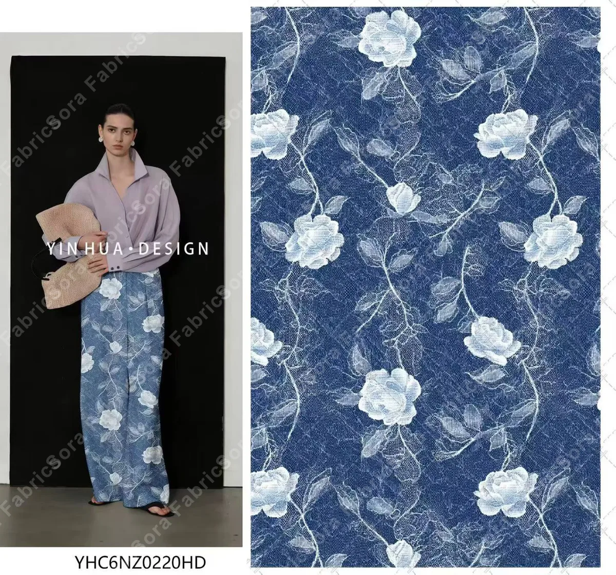 Denim-look rose rayon viscose fabric with white florals