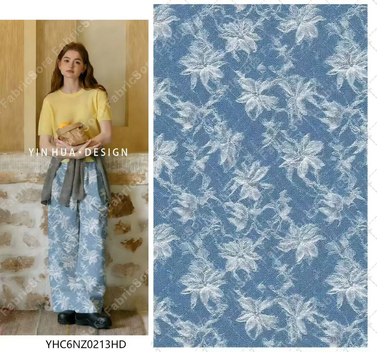 Blue denim print rayon fabric with climbing rose vines