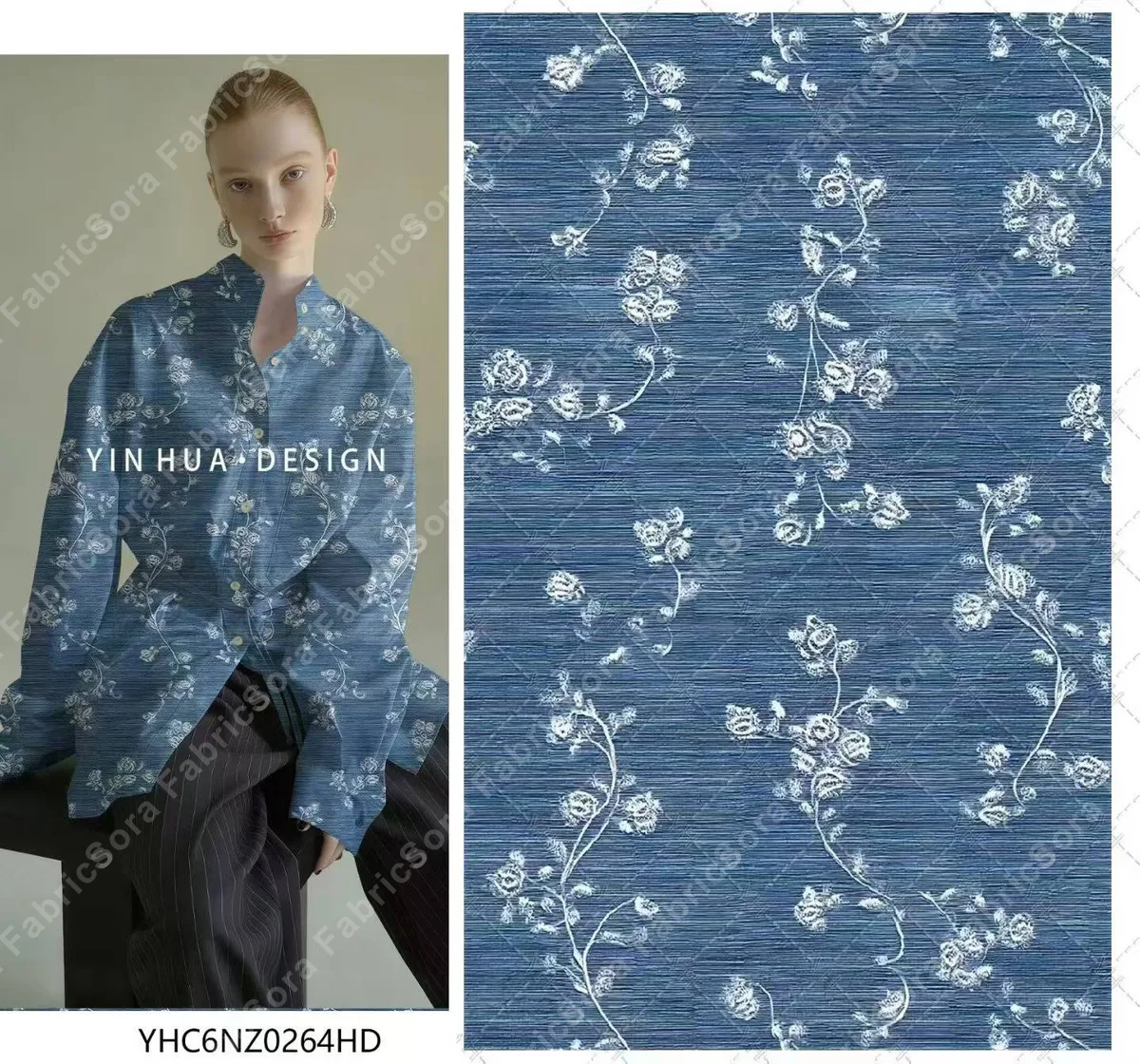 Rose print rayon viscose in indigo blue
