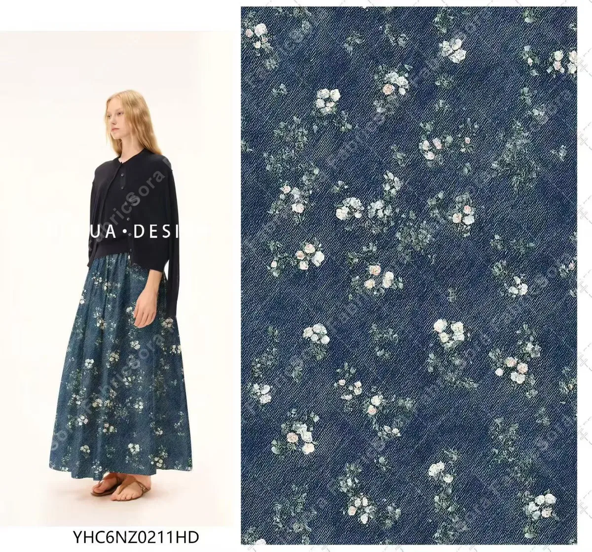 Light rayon fabric with denim look and white roses