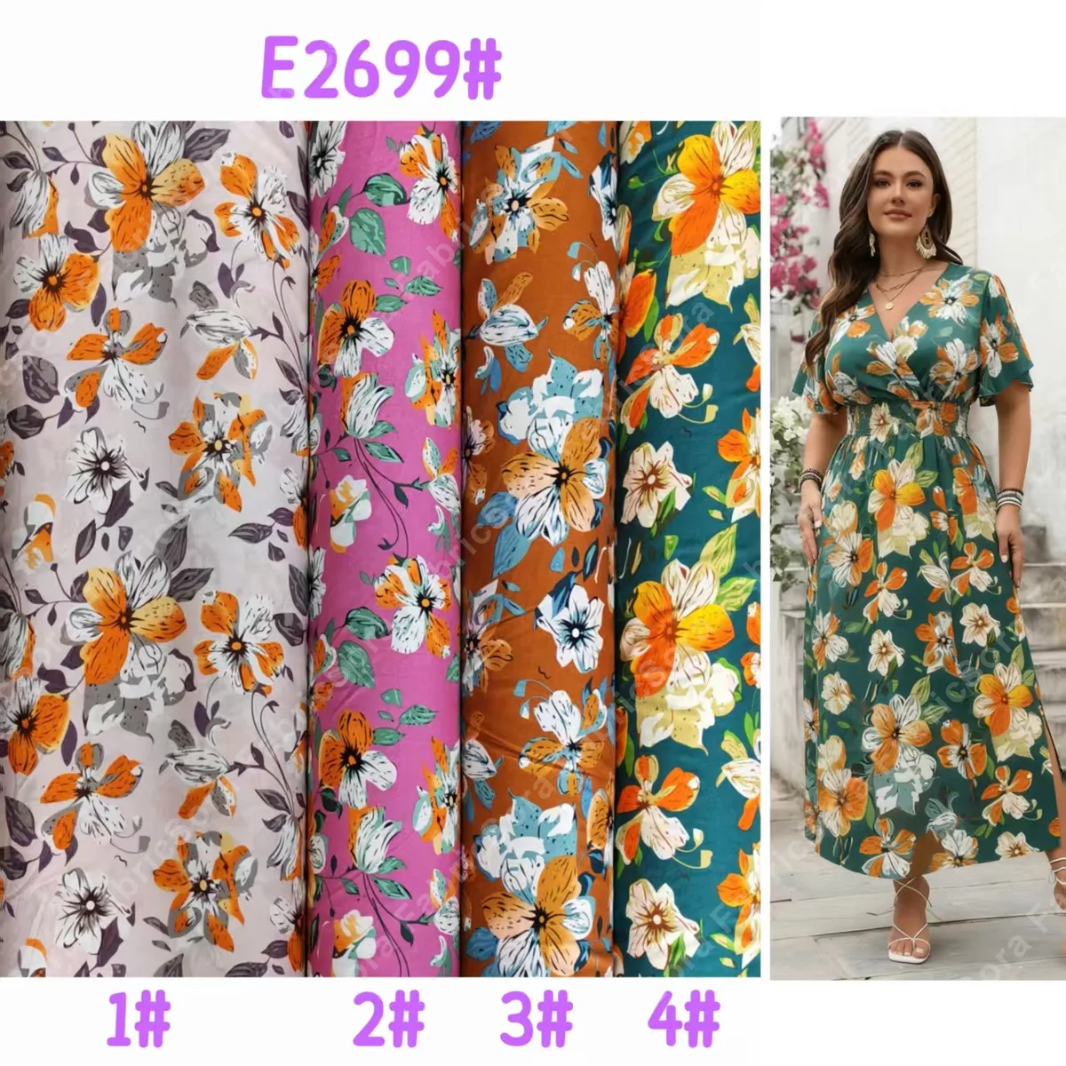 Large floral print rayon fabric with oversized botanical motifs