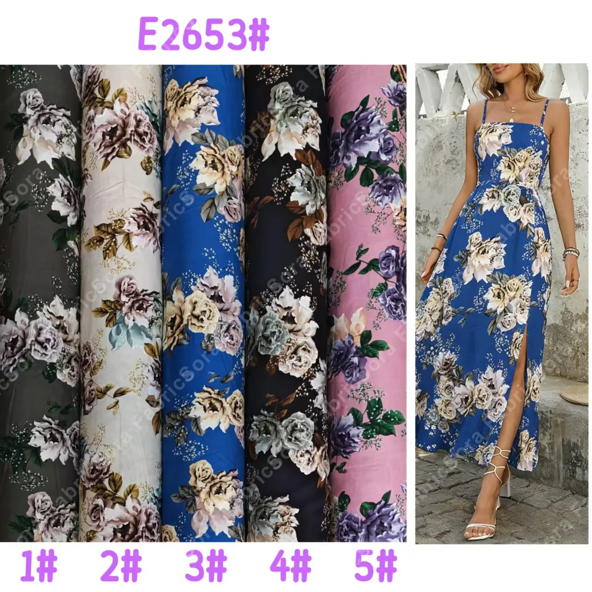 Tecido rayon com rosas e peônias grandes para vestidos longos