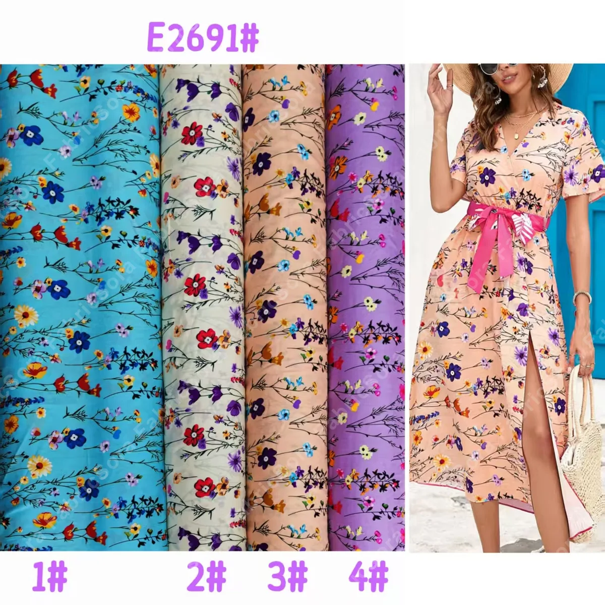 Detalle de tela rayon viscose floral balanceado