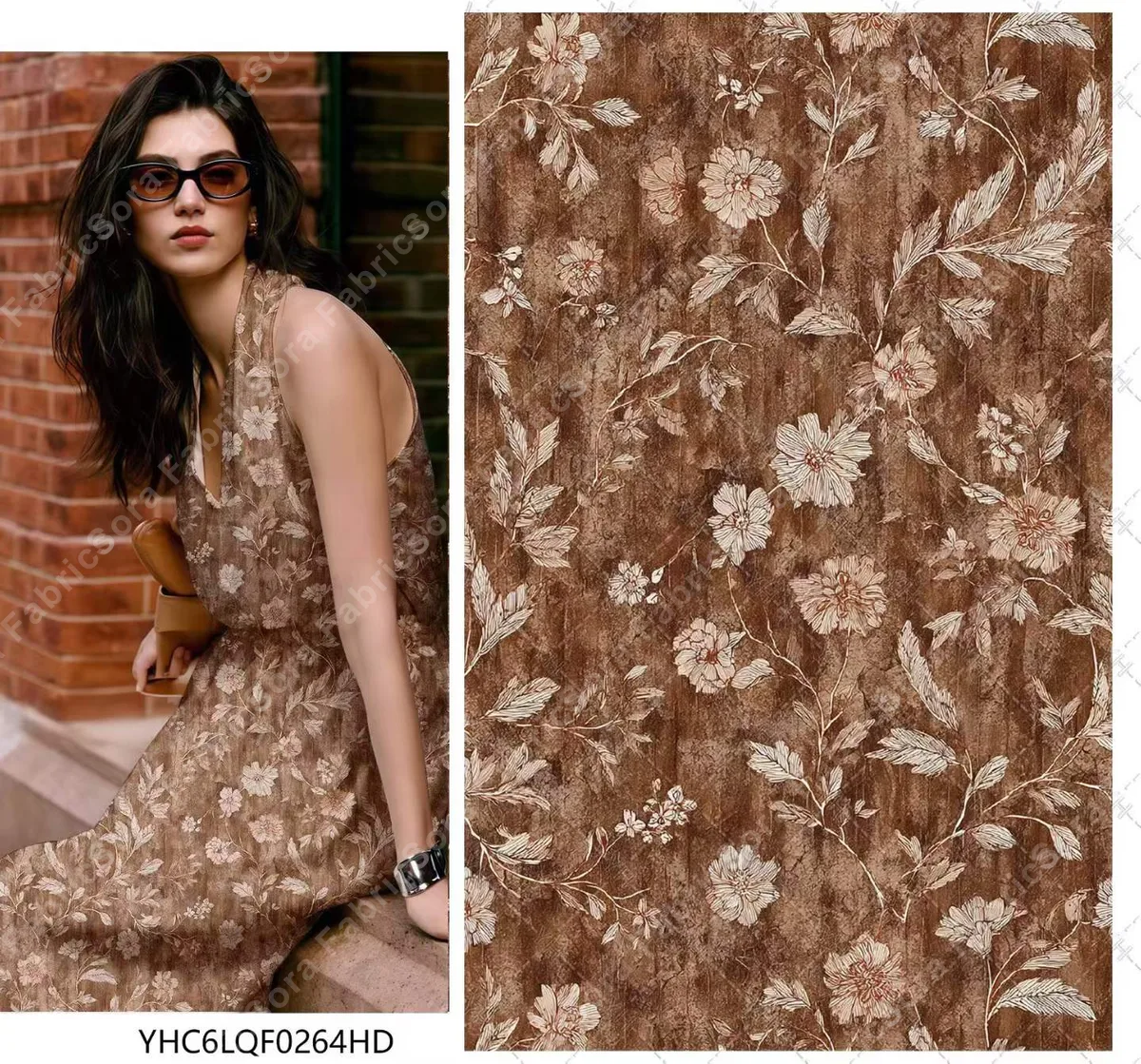 Kahverengi moka vintage çiçek rayon viscose kumaşı