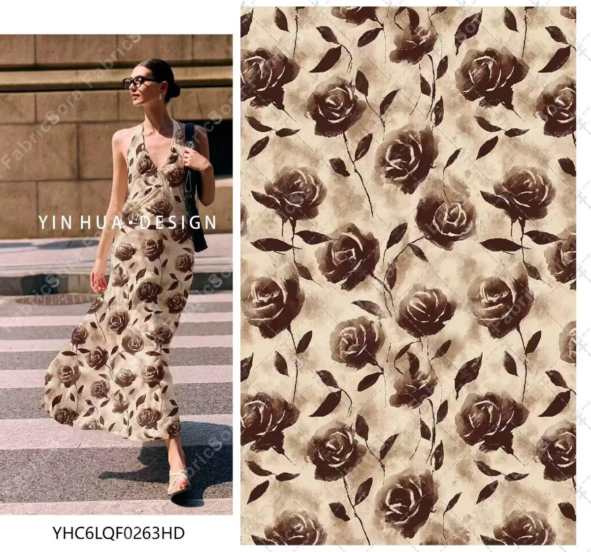 Ivory on mocha rayon floral fabric for A-line dress