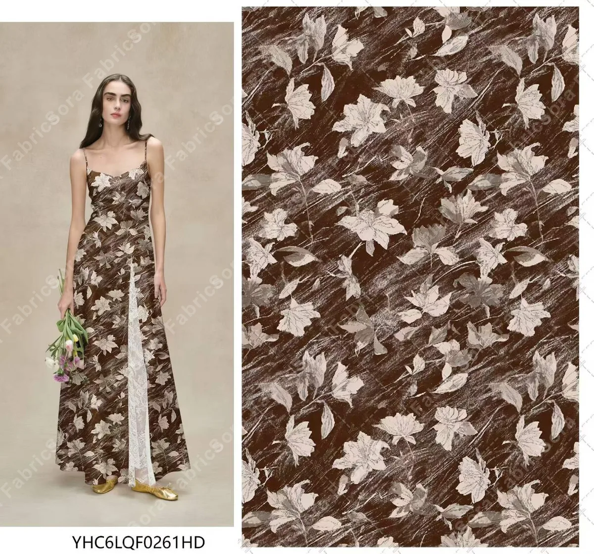 Vintage coffee floral rayon close-up