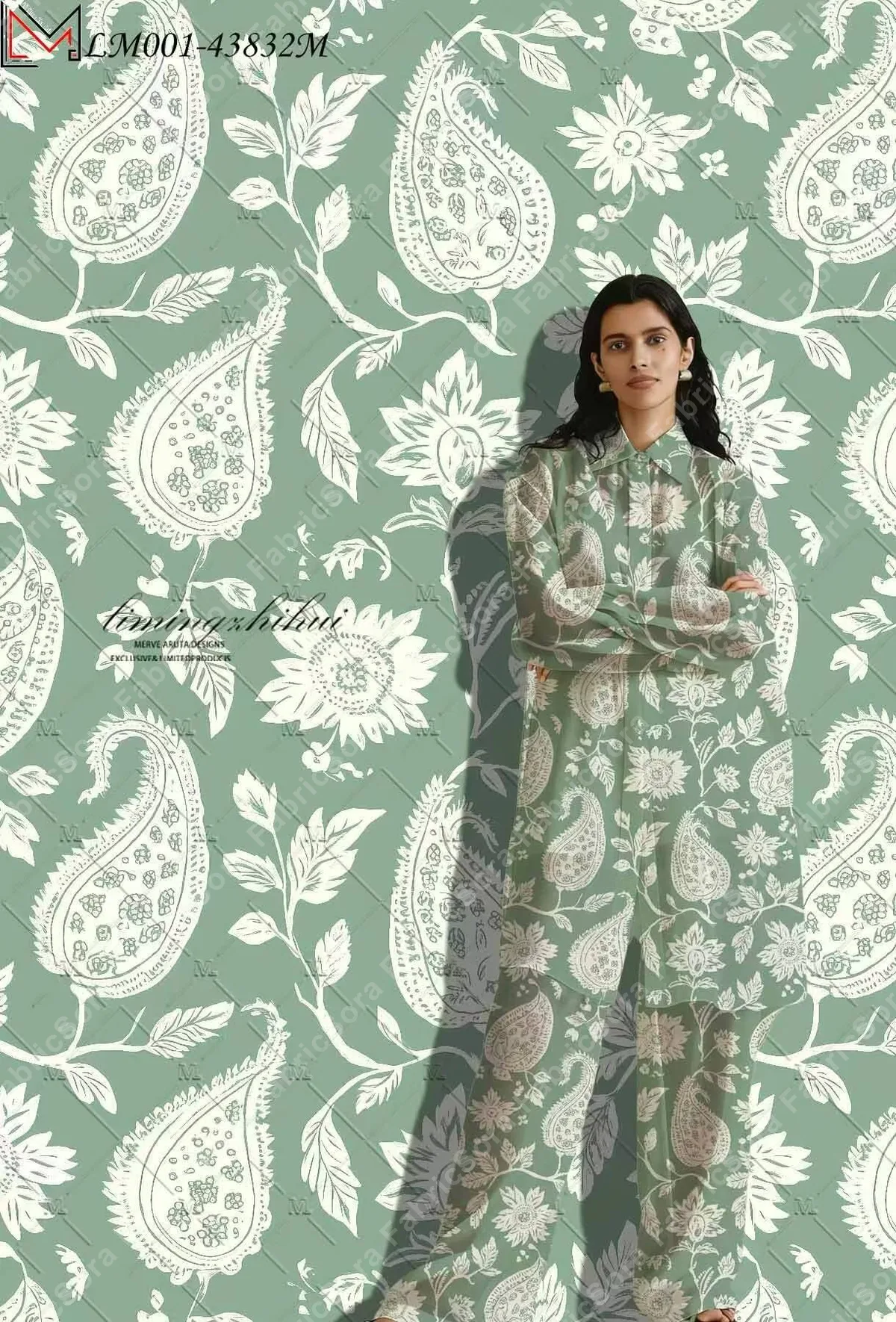 Mint paisley rayon viscose fabric with off-white teardrop motif