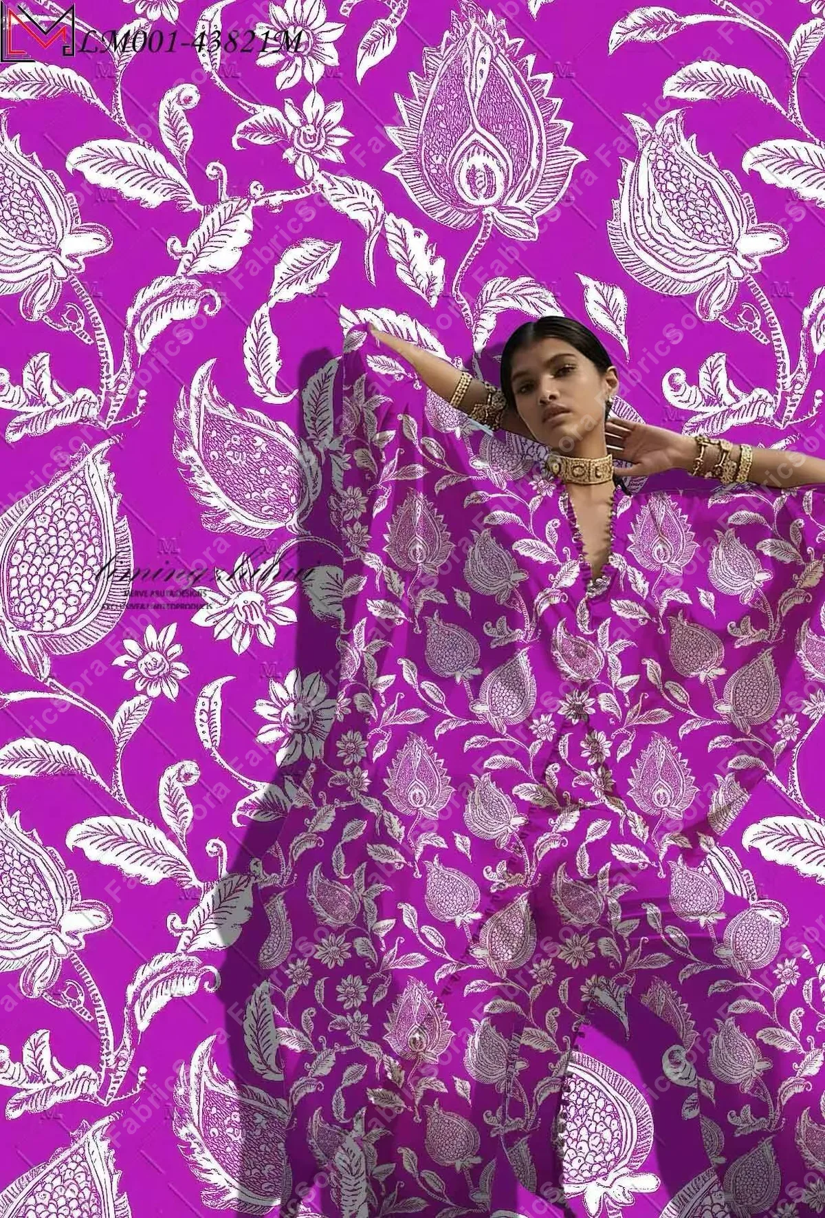 Kaftan için İran botanik fuşya rayon viscose kumaşı