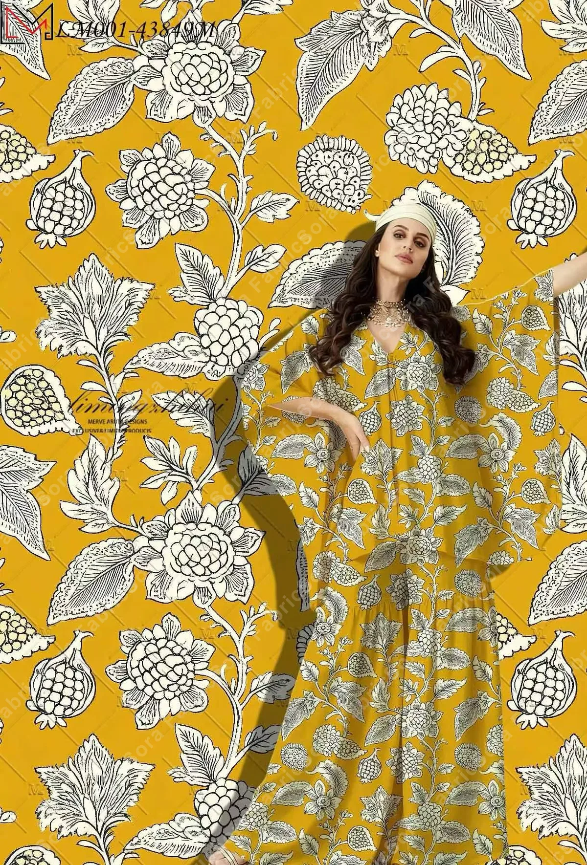 Kaftan için İran botanik sarı rayon viscose kumaşı