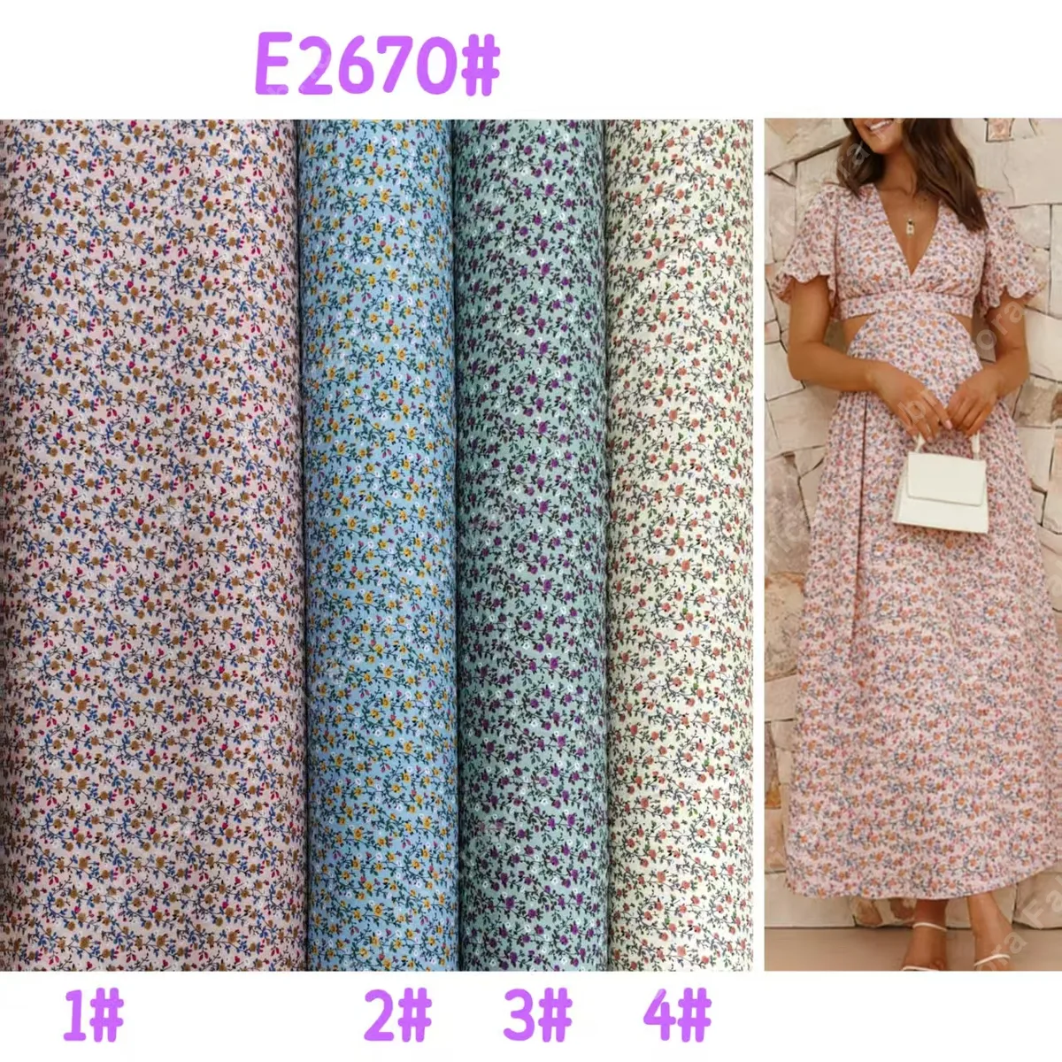 Ditsy print rayon fabric close-up showing fine floral detail