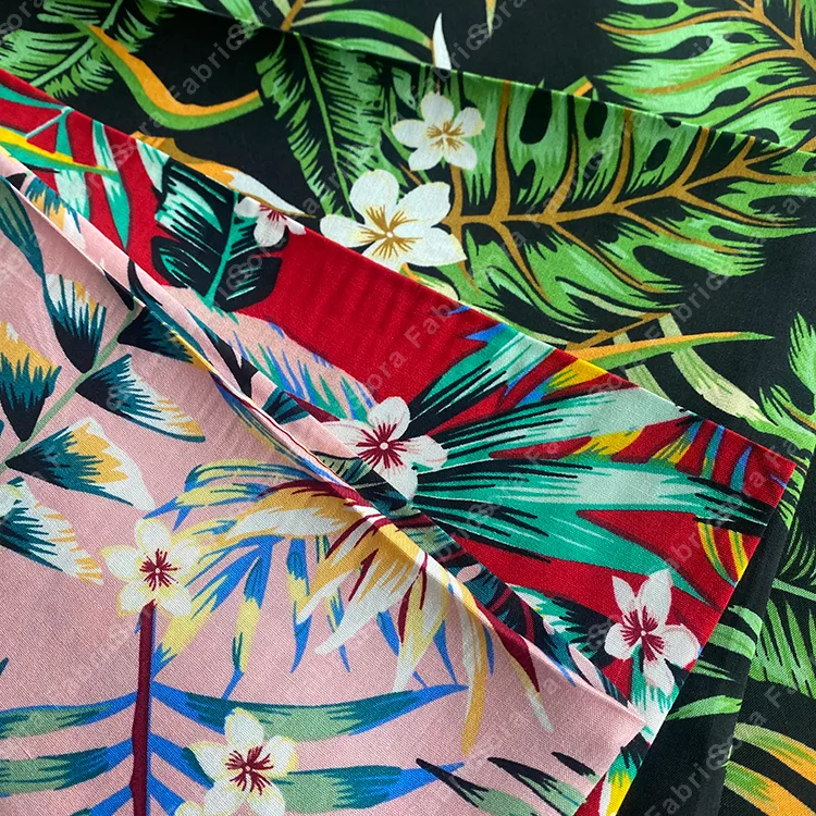 Tropical palm print rayon viscose fabric with Hawaiian leaves