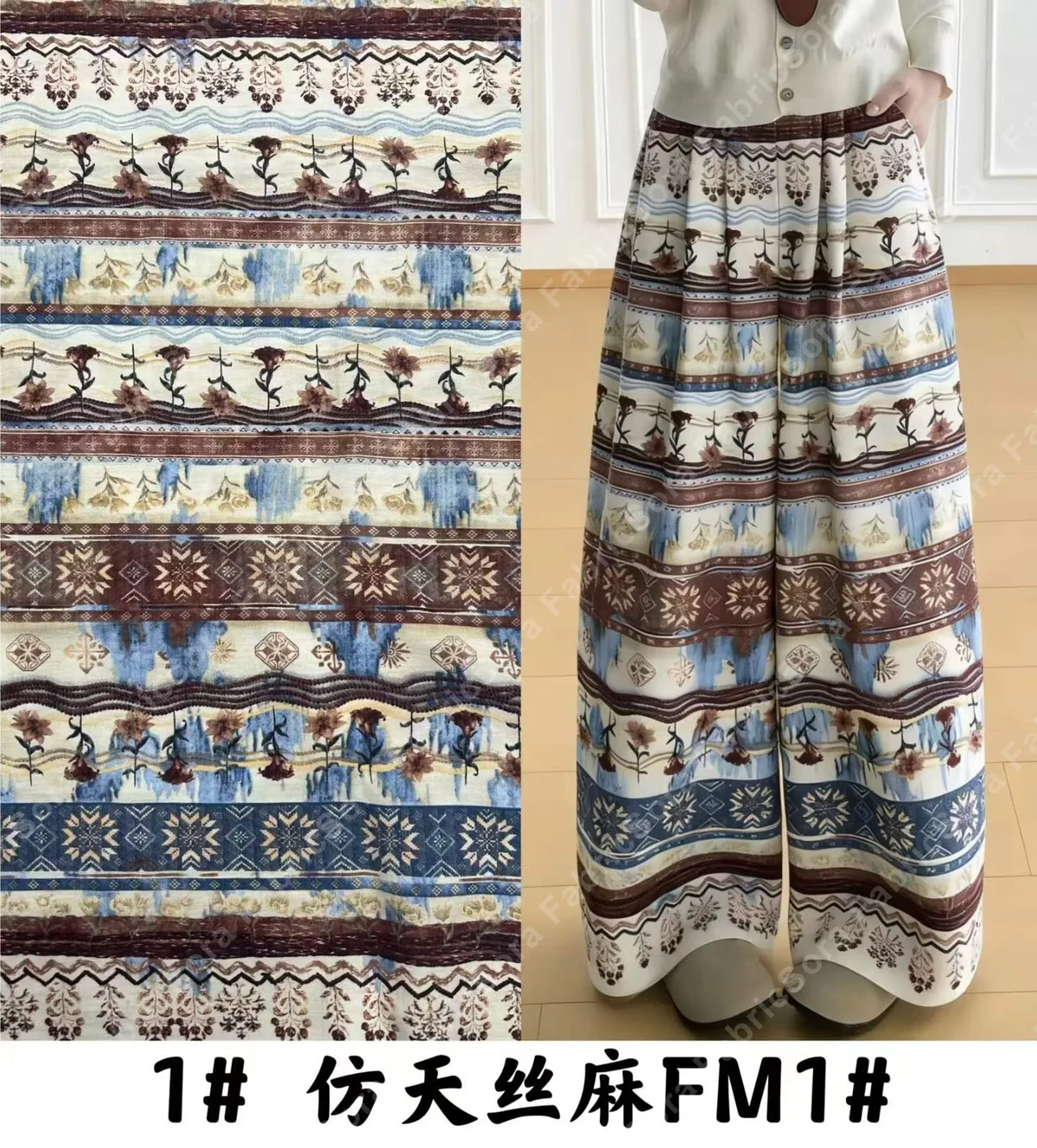 Tela tencel-linen bohemia con motivo botánico dibujado al trazo